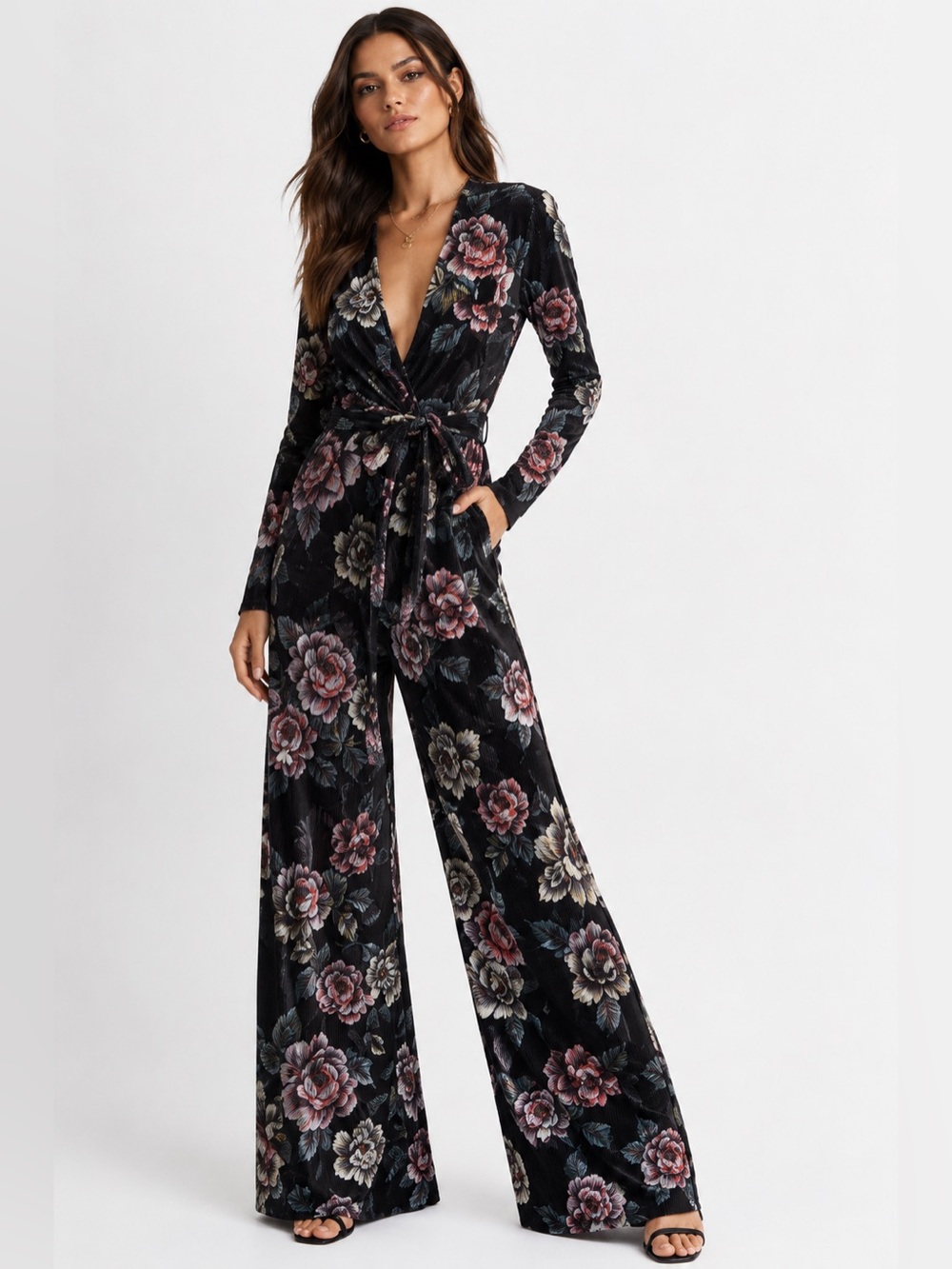 Stylestalker Floral Wide Leg Jumpsuit Tie Waist Stretchy Ribbed Long Sleeved S